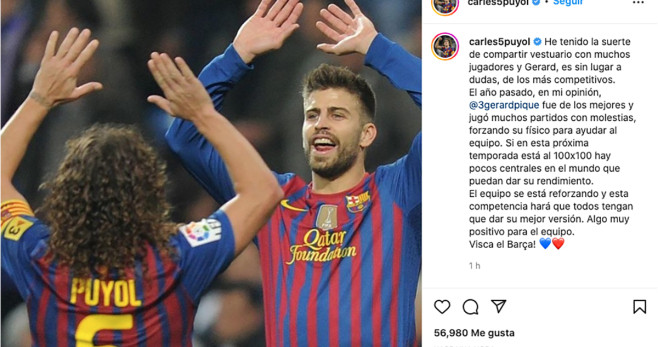 Carles Puyol y Gerard Piqué, celebrando un gol con el Barça / INSTAGRAM