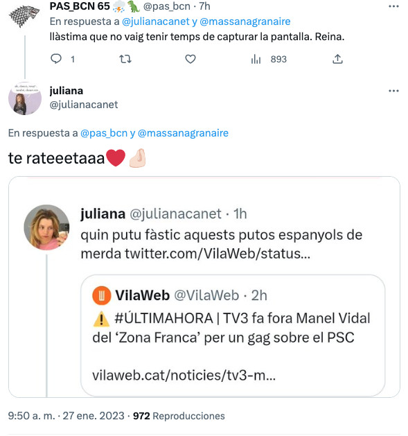 Tuit de Juliana Canet, presumiendo de su tuit borrado sobre los putos españoles de mierda / @julianacanet (TWITTER)