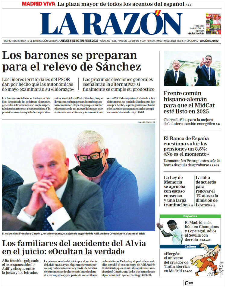 Portada de 'La Razón' del 6 de octubre de 2022