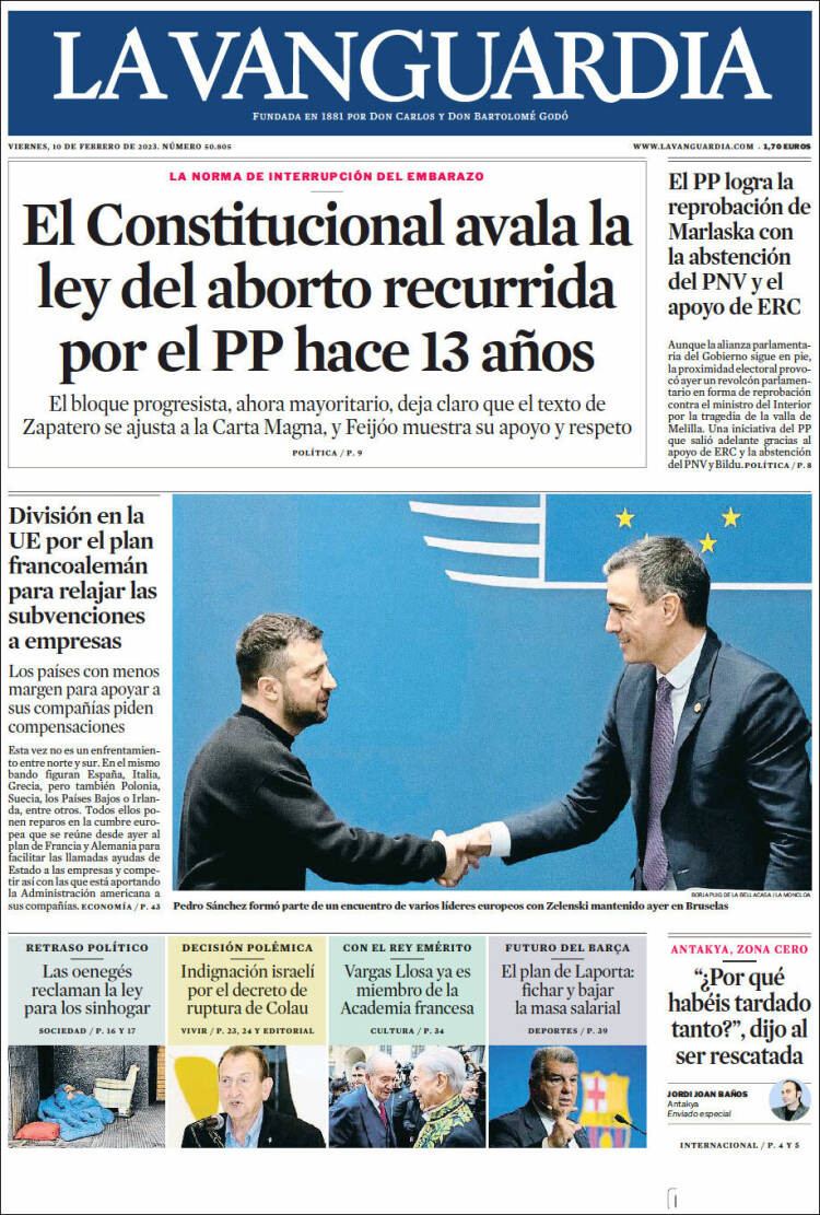Portada de 'La Vanguardia' de 10 de febrero de 2023 / KIOSKO.NET