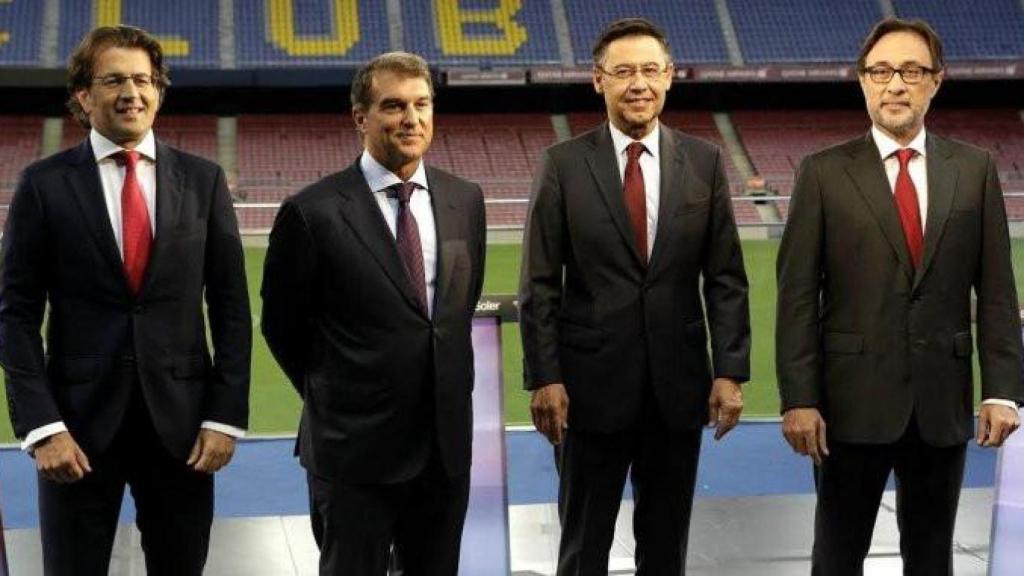 Toni Freixa, Joan Laporta, Josep Maria Bartomeu y Agustí Benedito, en las elecciones presidenciales de 2015