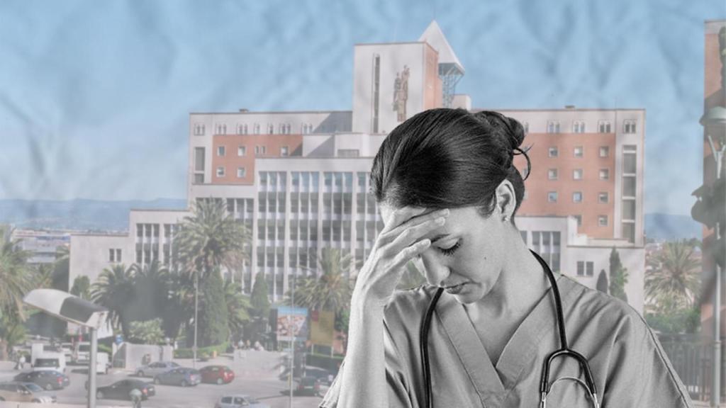 Fotomontaje de una sanitaria con la imagen del Hospital Joan XXIII de Tarragona de fondo