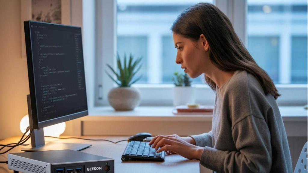Mujer usando un Mini PC vs. portátil